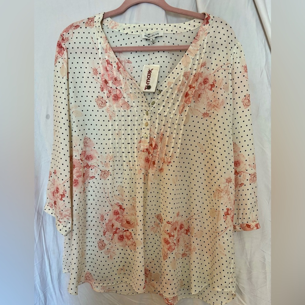 Rose and Olive chiffon type polka dot shirt with pink flowers